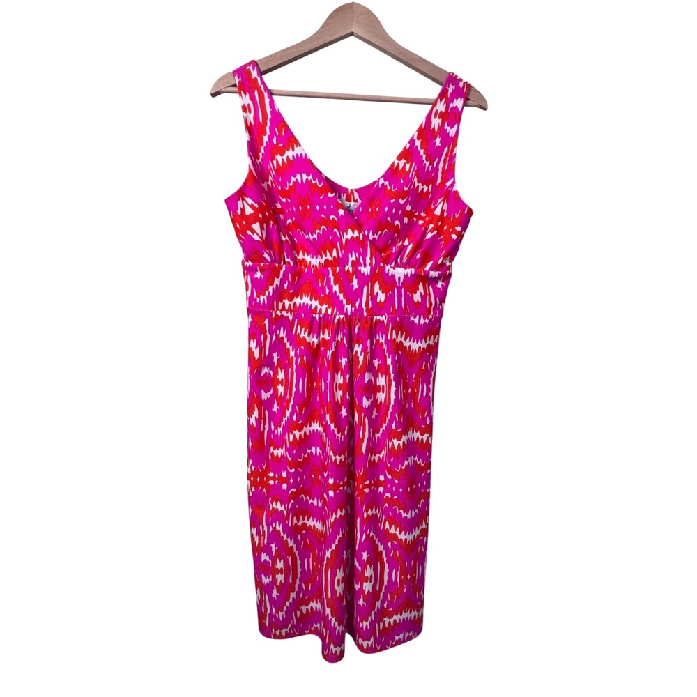 Jude Connally Brooke Dress Spring Vibes Hot Pink Orange Ikat V-Neck Size M NEW